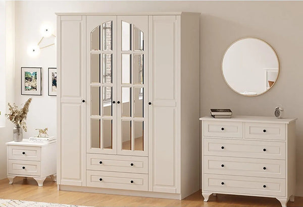 Maison White Bedroom Set 4 Door Wardrobe, Chest, Bedside-Wardrobe-Evuhome-Flat Pack (Self-Assembly)-Evuhome