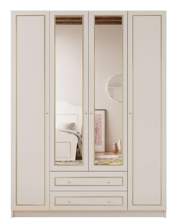 Marie Xl 4 Door 2 Drawer Mirrored Gold White Wardrobe-Wardrobe-Evuhome-Flat Pack (Self-Assembly)-Evuhome