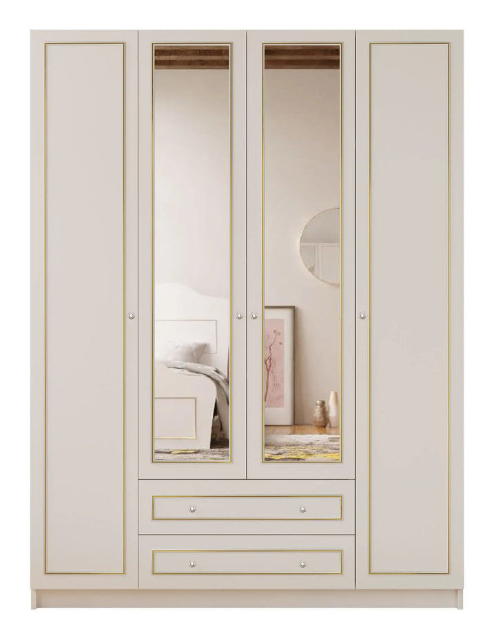 Marie Xl 4 Door 2 Drawer Mirrored Gold White Wardrobe-Wardrobe-Evuhome-Flat Pack (Self-Assembly)-Evuhome