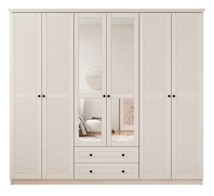 Volet Xl 6 Door 2 Drawer Mirrored White Wardrobe-Wardrobe-Evuhome-Flat Pack (Self-Assembly)-Evuhome
