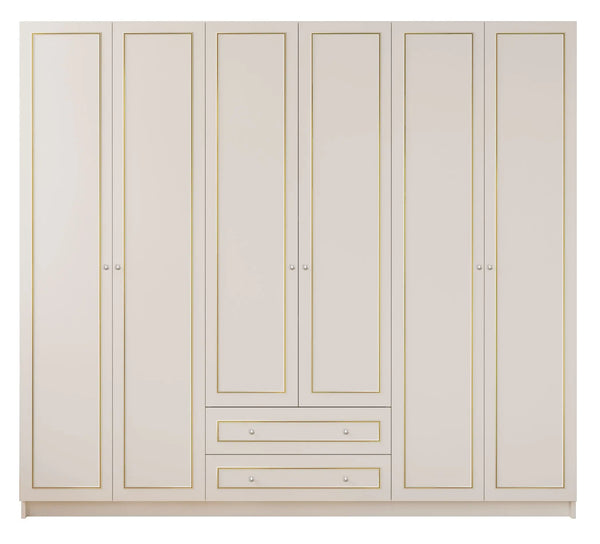 Marie Xl 6 Door 2 Drawer Gold White Wardrobe-Wardrobe-Evuhome-Flat Pack (Self-Assembly)-Evuhome