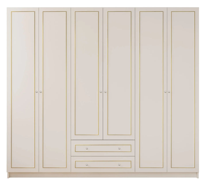 Marie Xl 6 Door 2 Drawer Gold White Wardrobe-Wardrobe-Evuhome-Flat Pack (Self-Assembly)-Evuhome