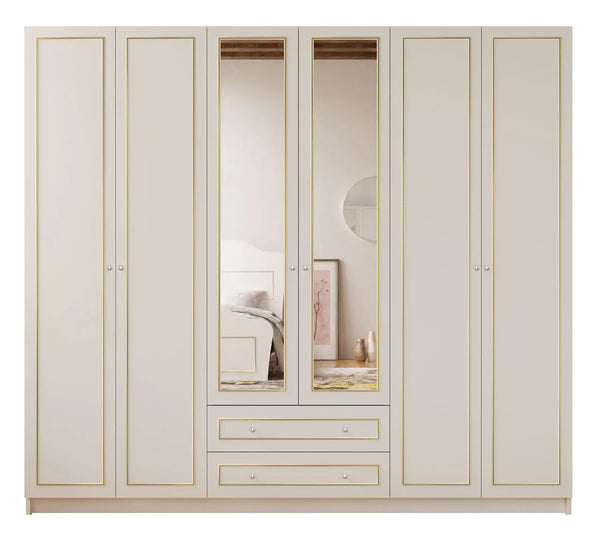 Marie 6 Door 2 Drawer Mirrored Gold White Wardrobe-Wardrobe-Evuhome-Flat Pack (Self-Assembly)-Evuhome