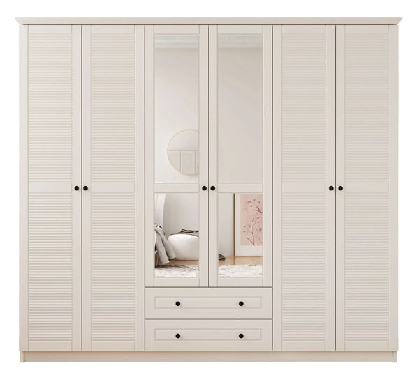 Volet 6 Door 2 Drawer Mirrored White Wardrobe-Wardrobe-Evuhome-Flat Pack (Self-Assembly)-Evuhome