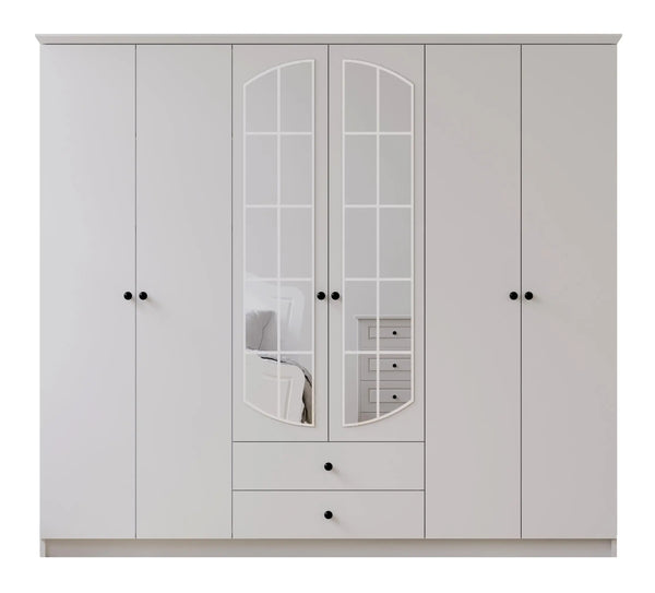 Ecu 6 Door 2 Drawer Mirrored White Wardrobe-Wardrobe-Evuhome-Flat Pack (Self-Assembly)-Evuhome