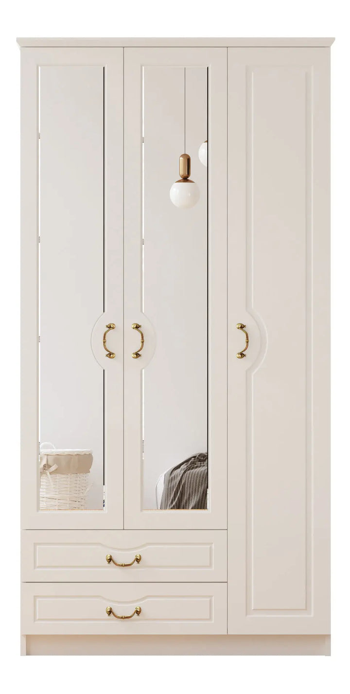Anne 3 Door 2 Drawer Mirrored White Wardrobe-Wardrobe-Evuhome-Flat Pack (Self-Assembly)-Evuhome