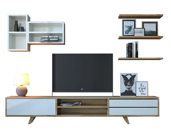 Harlev Tv Entertainment Cabinet / Shelving / Oak, White-Evuhome-Flat Pack (Self-Assembly)-Evuhome