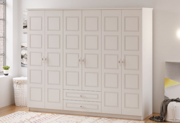 Regal 6 Door 2 Drawer White Wardrobe-Wardrobe-Evuhome-Flat Pack (Self-Assembly)-Evuhome