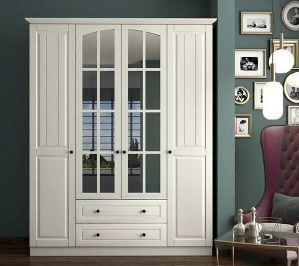 Combe 4 Door 2 Drawer Mirrored White Wardrobe-Wardrobe-Evuhome-Flat Pack (Self-Assembly)-Evuhome