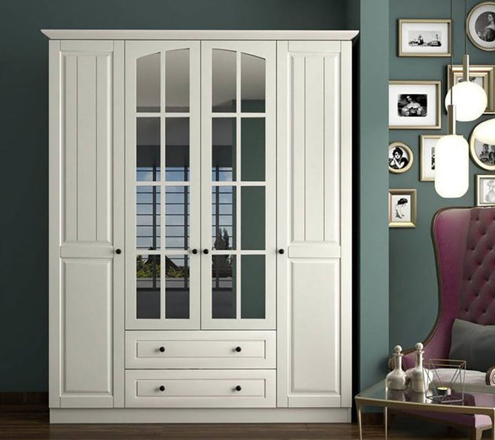 Combe 4 Door 2 Drawer Mirrored White Wardrobe-Wardrobe-Evuhome-Flat Pack (Self-Assembly)-Evuhome