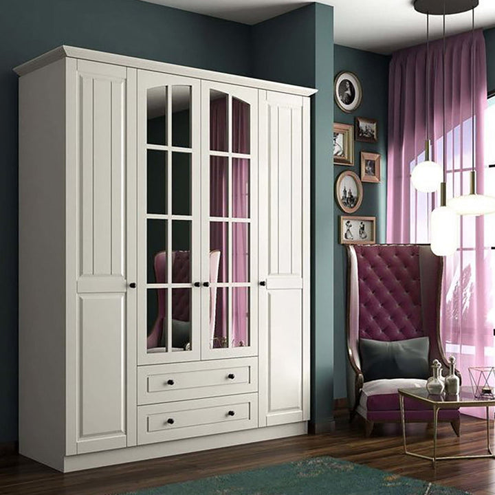 Combe 4 Door 2 Drawer Mirrored White Wardrobe-Wardrobe-Evuhome-Flat Pack (Self-Assembly)-Evuhome