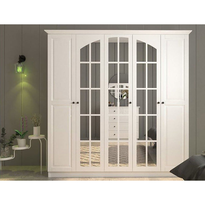 Maison 5 Door Mirrored White Wardrobe-Wardrobe-Evuhome-Flat Pack (Self-Assembly)-Evuhome