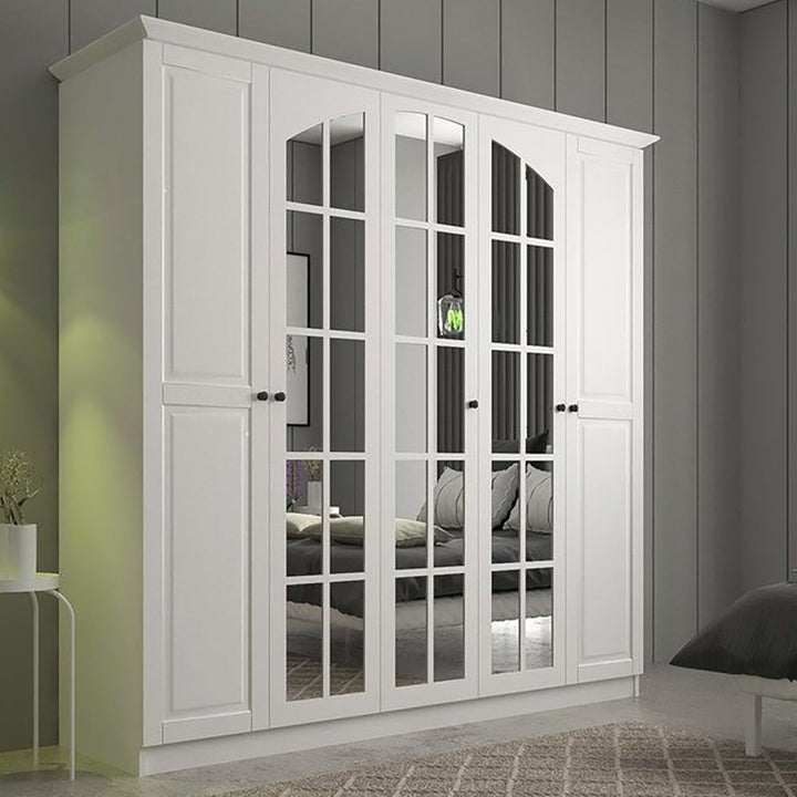 Maison 5 Door Mirrored White Wardrobe-Wardrobe-Evuhome-Flat Pack (Self-Assembly)-Evuhome