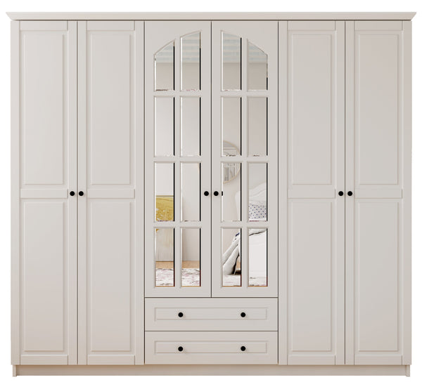 Maison 6 Door 2 Drawer Mirrored White Wardrobe-Wardrobe-Evuhome-Flat Pack (Self-Assembly)-Evuhome