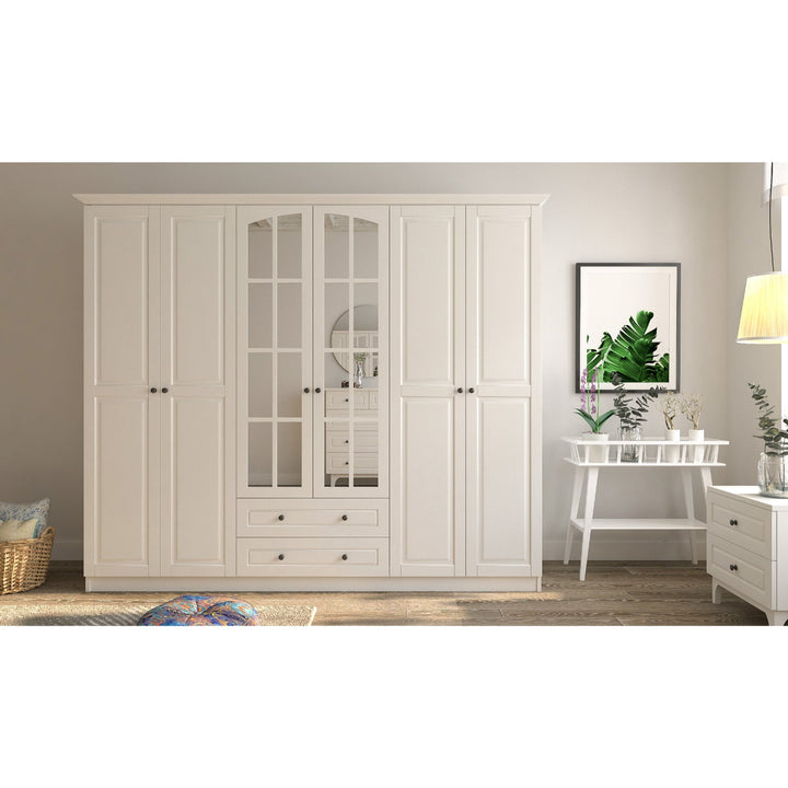 Maison 6 Door 2 Drawer Mirrored White Wardrobe-Wardrobe-Evuhome-Flat Pack (Self-Assembly)-Evuhome