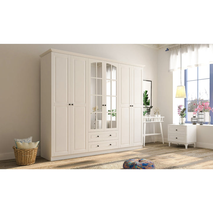 Maison 6 Door 2 Drawer Mirrored White Wardrobe-Wardrobe-Evuhome-Flat Pack (Self-Assembly)-Evuhome