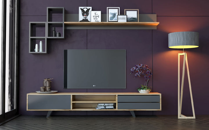 Malmo Tv Entertainment Cabinet / Shelving / Oak, Anthracite-Evuhome-Flat Pack (Self-Assembly)-Evuhome