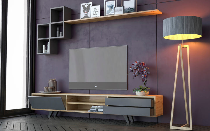 Malmo Tv Entertainment Cabinet / Shelving / Oak, Anthracite-Evuhome-Flat Pack (Self-Assembly)-Evuhome