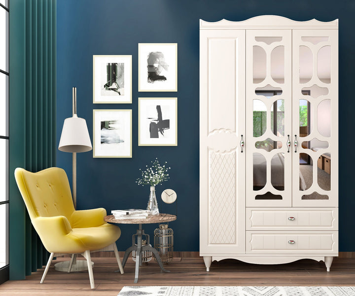 Raven 3 Door 2 Drawer Mirrored White Wardrobe-Wardrobe-Evuhome-Flat Pack (Self-Assembly)-Evuhome