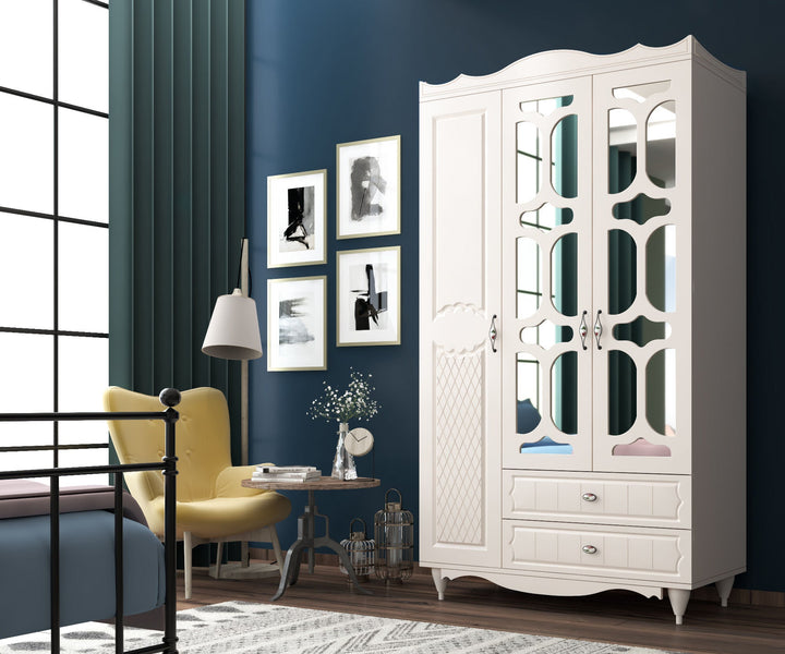 Raven 3 Door 2 Drawer Mirrored White Wardrobe-Wardrobe-Evuhome-Flat Pack (Self-Assembly)-Evuhome