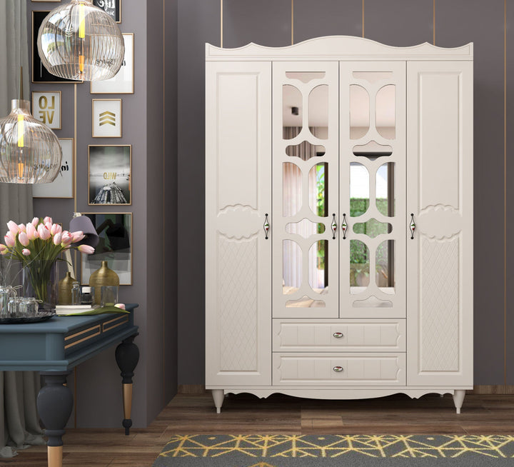 Raven 4 Door 2 Drawer Mirrored White Wardrobe-Wardrobe-Evuhome-Flat Pack (Self-Assembly)-Evuhome