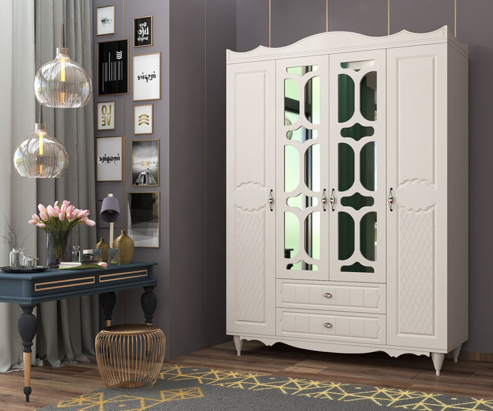 Raven 4 Door 2 Drawer Mirrored White Wardrobe-Wardrobe-Evuhome-Flat Pack (Self-Assembly)-Evuhome