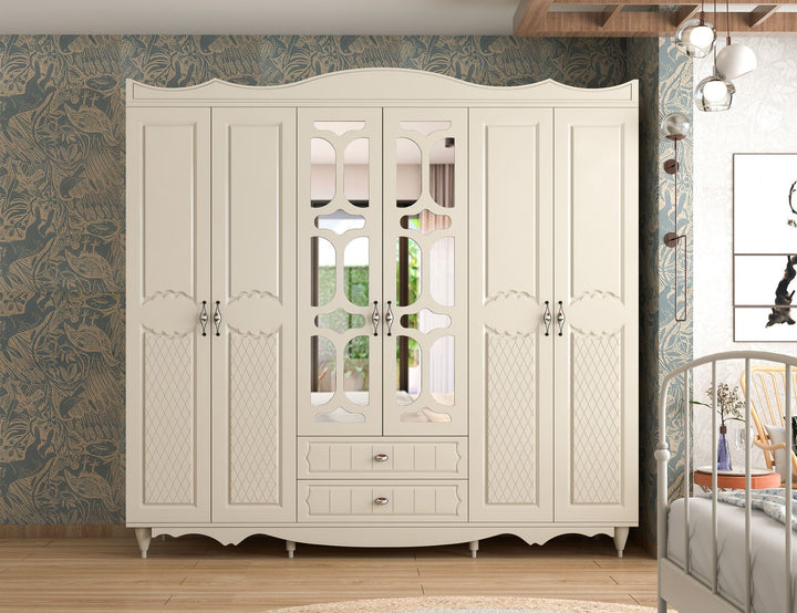 Raven 6 Door 2 Drawer Mirrored White Wardrobe-Wardrobe-Evuhome-Flat Pack (Self-Assembly)-Evuhome