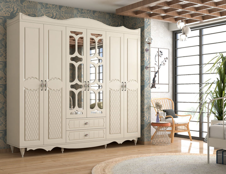 Raven 6 Door 2 Drawer Mirrored White Wardrobe-Wardrobe-Evuhome-Flat Pack (Self-Assembly)-Evuhome