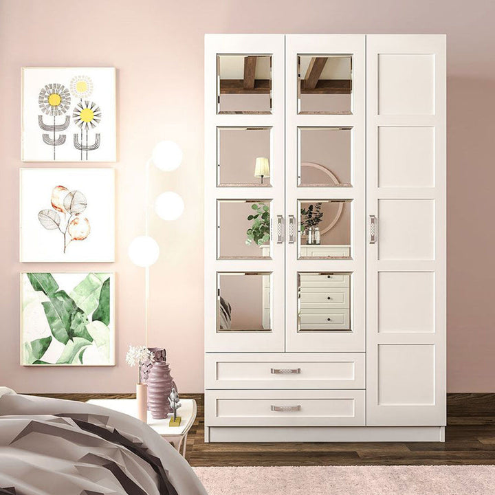 Vista 3 Door 2 Drawer Mirrored White Wardrobe-Wardrobe-Evuhome-Flat Pack (Self-Assembly)-Evuhome