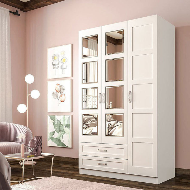 Vista 3 Door 2 Drawer Mirrored White Wardrobe-Wardrobe-Evuhome-Flat Pack (Self-Assembly)-Evuhome
