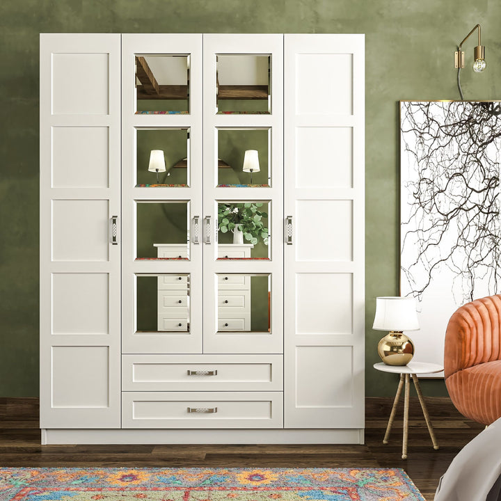 Vista 4 Door 2 Drawer Mirrored White Wardrobe-Wardrobe-Evuhome-Flat Pack (Self-Assembly)-Evuhome