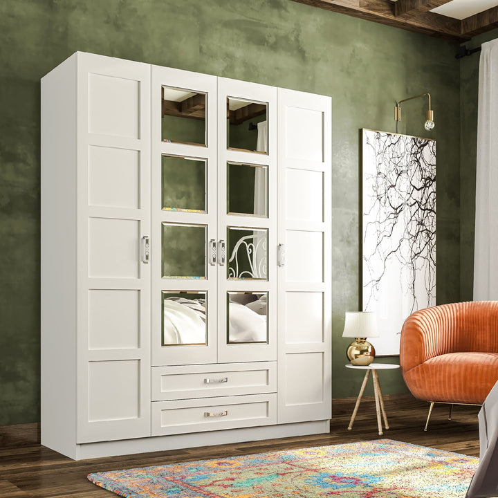 Vista 4 Door 2 Drawer Mirrored White Wardrobe-Wardrobe-Evuhome-Flat Pack (Self-Assembly)-Evuhome