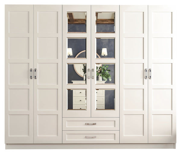 Vista 6 Door 2 Drawer Mirrored White Wardrobe-Wardrobe-Evuhome-Flat Pack (Self-Assembly)-Evuhome