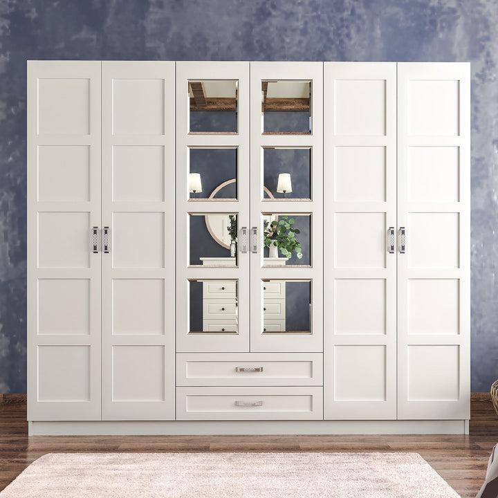 Vista 6 Door 2 Drawer Mirrored White Wardrobe-Wardrobe-Evuhome-Flat Pack (Self-Assembly)-Evuhome