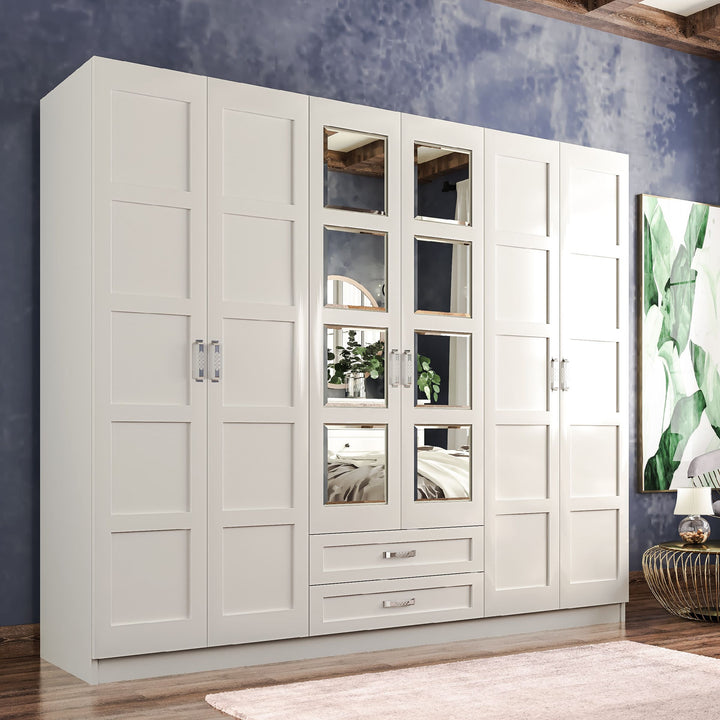 Vista 6 Door 2 Drawer Mirrored White Wardrobe-Wardrobe-Evuhome-Flat Pack (Self-Assembly)-Evuhome
