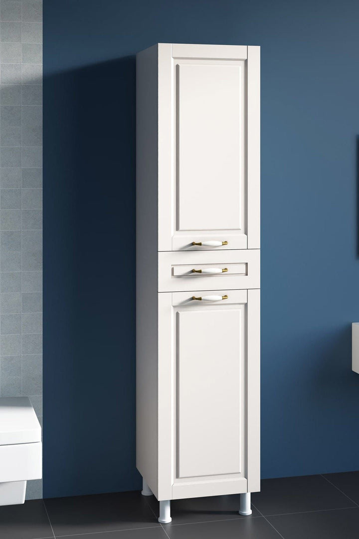 Louis 2 Door 1 Drawer Slim Bathroom Cabinet, White-Evuhome-Flat Pack (Self-Assembly)-Evuhome