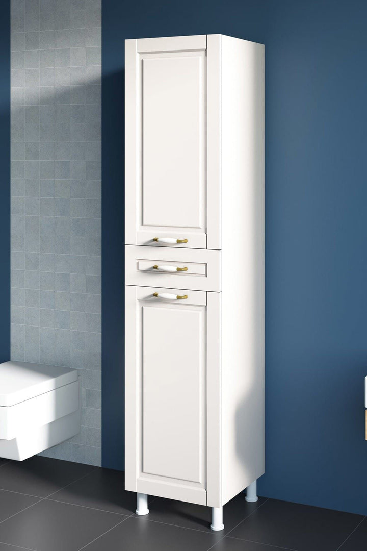 Louis 2 Door 1 Drawer Slim Bathroom Cabinet, White-Evuhome-Flat Pack (Self-Assembly)-Evuhome