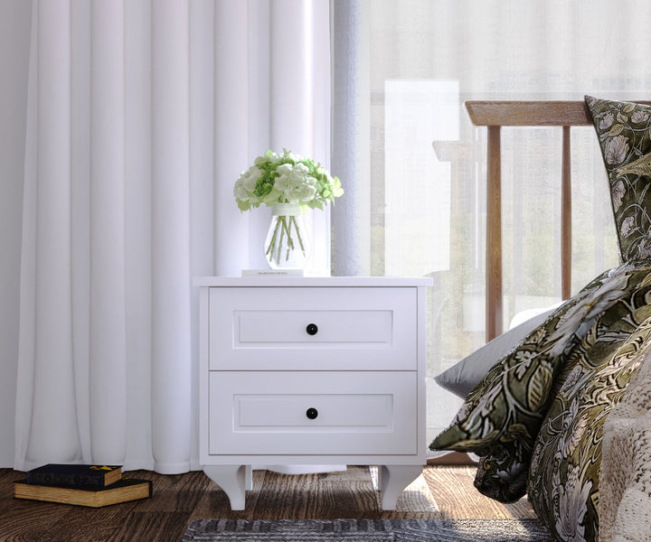 Maison 2 Drawer Bedside Table, White-Evuhome-Flat Pack (Self-Assembly)-Evuhome