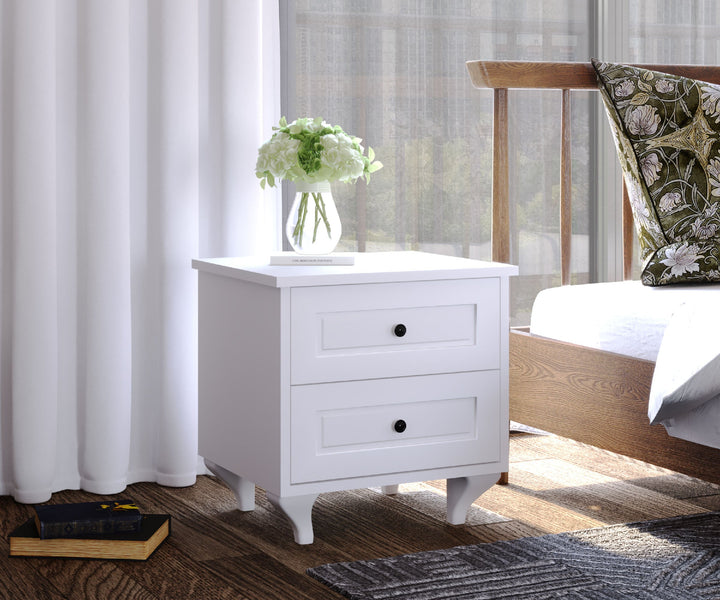 Maison 2 Drawer Bedside Table, White-Evuhome-Flat Pack (Self-Assembly)-Evuhome
