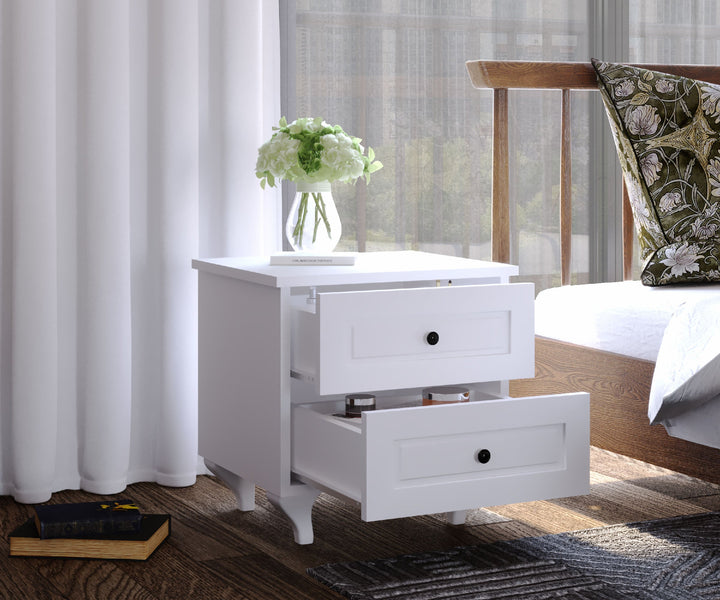Maison 2 Drawer Bedside Table, White-Evuhome-Flat Pack (Self-Assembly)-Evuhome