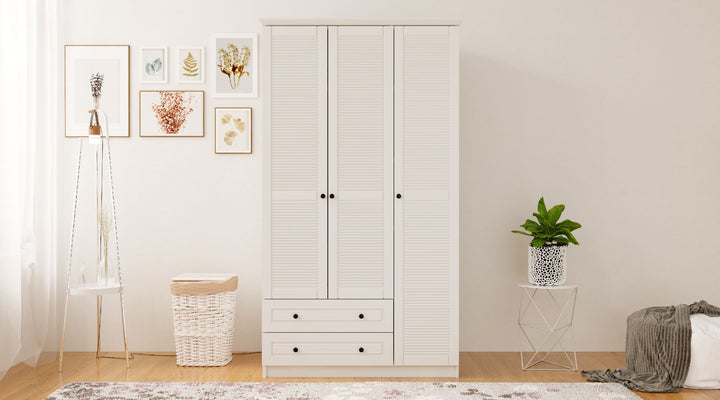 Volet 3 Door 2 Drawer White Wardrobe-Wardrobe-Evuhome-Flat Pack (Self-Assembly)-Evuhome