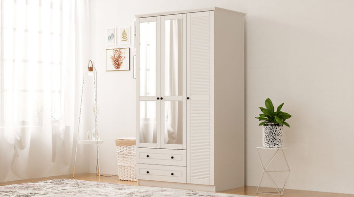 Volet 3 Door 2 Drawer Mirrored White Wardrobe-Wardrobe-Evuhome-Flat Pack (Self-Assembly)-Evuhome