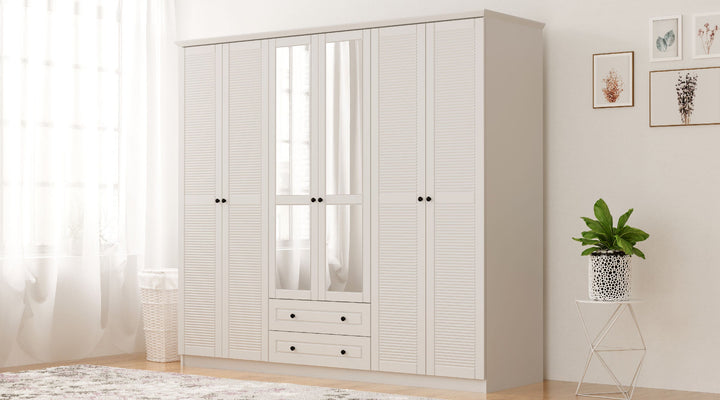 Volet 6 Door 2 Drawer Mirrored White Wardrobe-Wardrobe-Evuhome-Flat Pack (Self-Assembly)-Evuhome