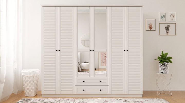 Volet Xl 6 Door 2 Drawer Mirrored White Wardrobe-Wardrobe-Evuhome-Flat Pack (Self-Assembly)-Evuhome