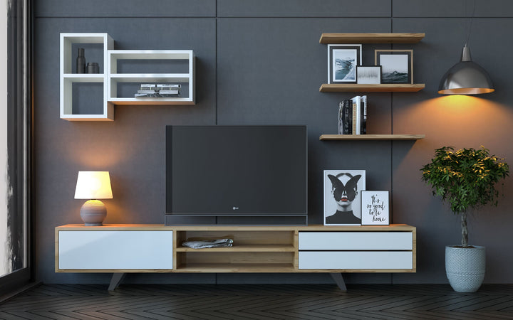 Harlev Tv Entertainment Cabinet / Shelving / Oak, White-Evuhome-Flat Pack (Self-Assembly)-Evuhome