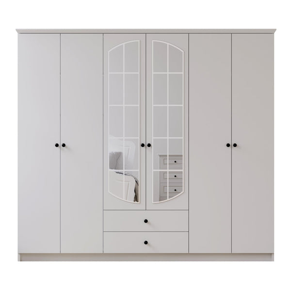 Ecu 6 Door 2 Drawer Mirrored White Wardrobe-Wardrobe-Evuhome-Flat Pack (Self-Assembly)-Evuhome
