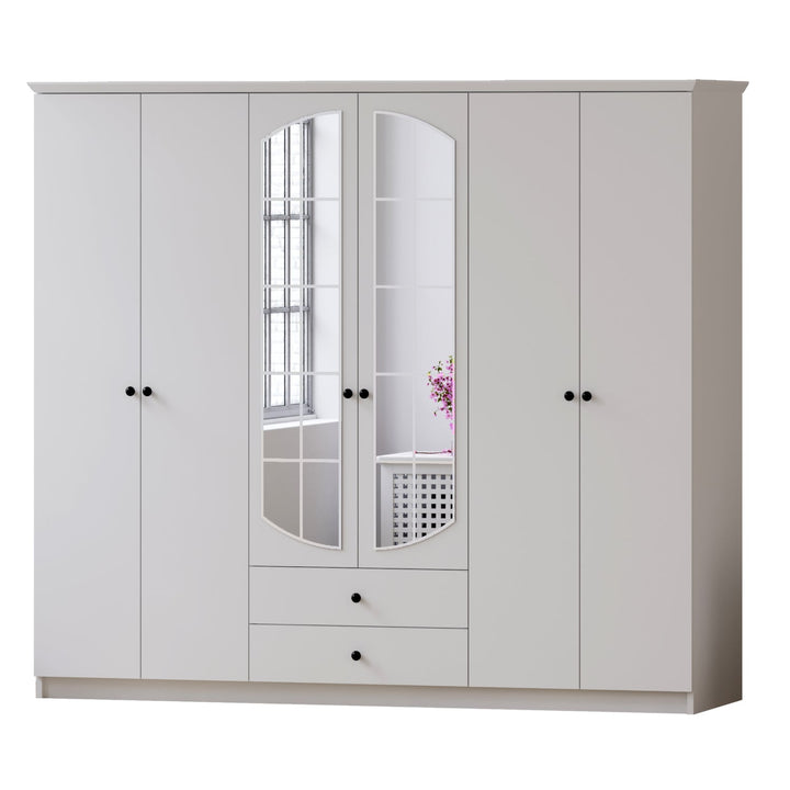 Ecu 6 Door 2 Drawer Mirrored White Wardrobe-Wardrobe-Evuhome-Flat Pack (Self-Assembly)-Evuhome
