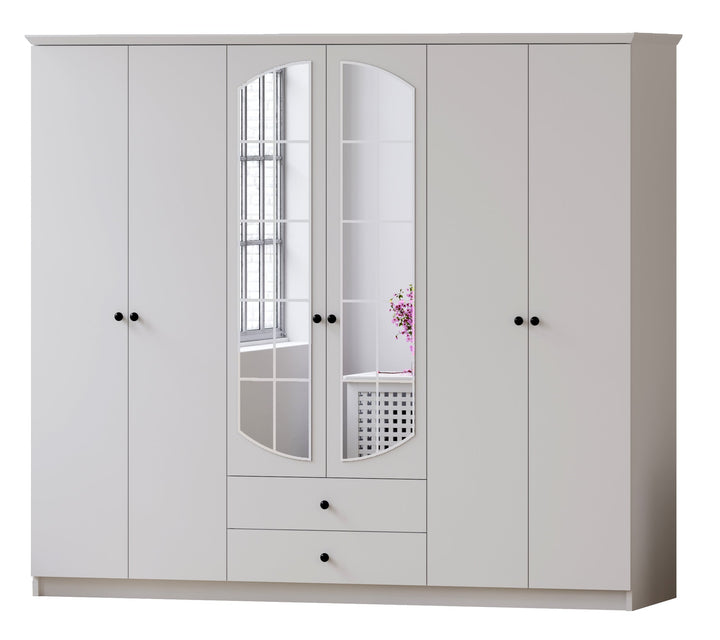 Ecu 6 Door 2 Drawer Mirrored White Wardrobe-Wardrobe-Evuhome-Flat Pack (Self-Assembly)-Evuhome
