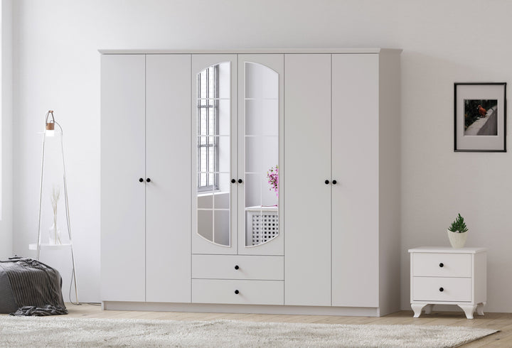 Ecu 6 Door 2 Drawer Mirrored White Wardrobe-Wardrobe-Evuhome-Flat Pack (Self-Assembly)-Evuhome