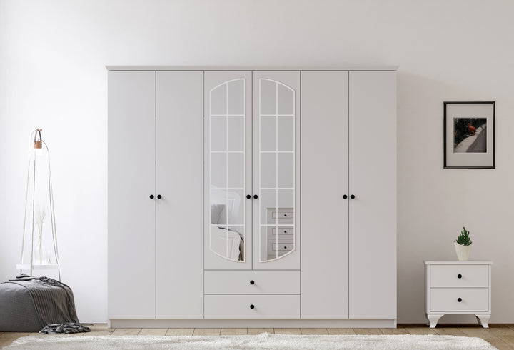 Ecu Xl 6 Door 2 Drawer Mirrored White Wardrobe-Wardrobe-Evuhome-Flat Pack (Self-Assembly)-Evuhome
